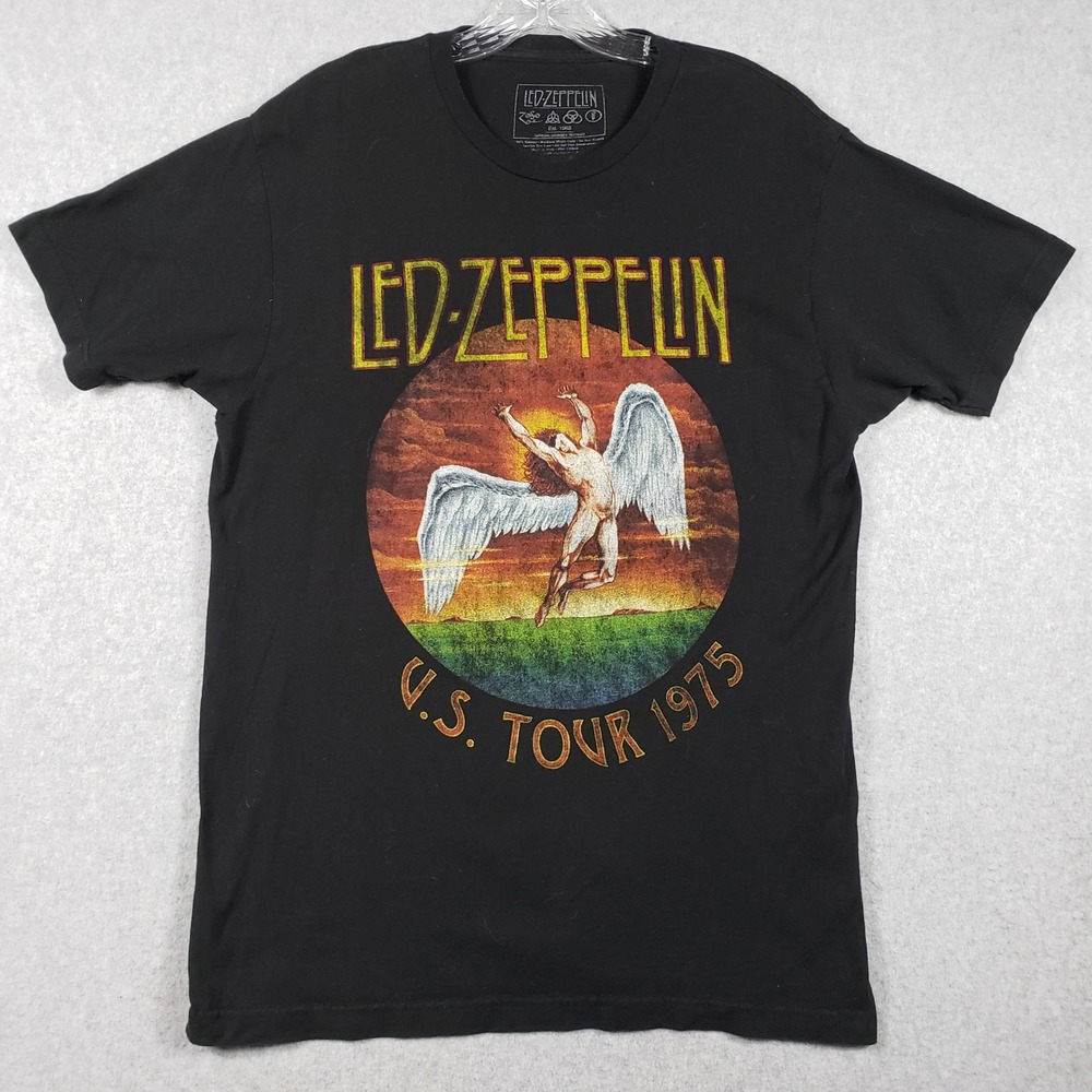 Led Zeppelin Mens‎ T-Shirt US Tour 1975 Icarus Large Black Rock Band Tee EUC